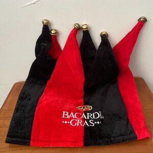 Vintage Bacardi Rum Mardi Gras Jester Party Logo Hat With Bells Black Red Lined
